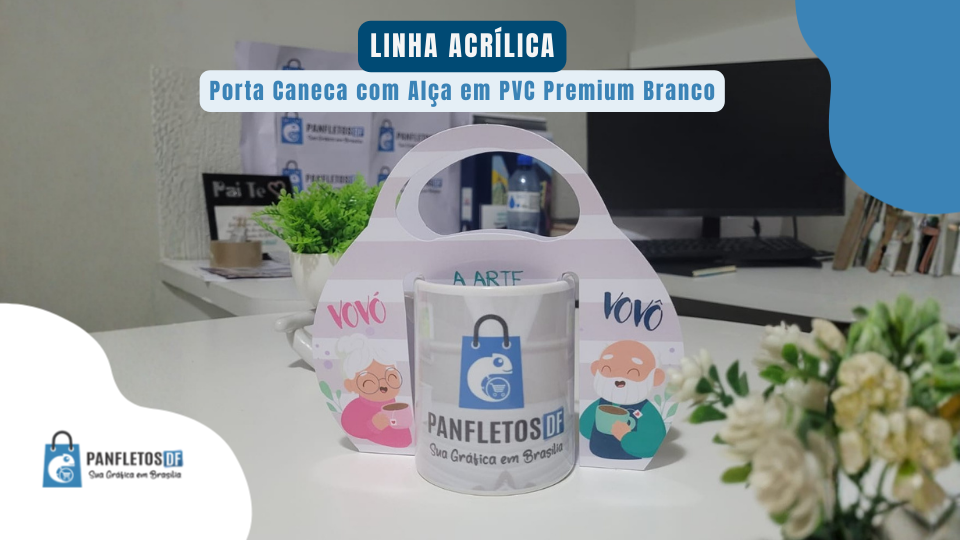 Porta Caneca Personalizado em PVC Branco Premium 0,50mm com Alça