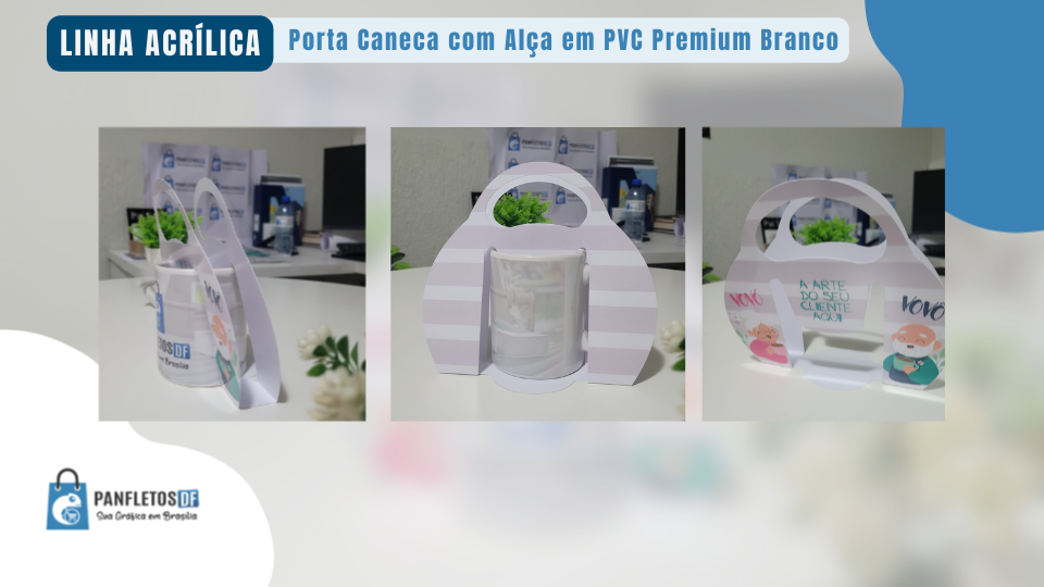 Porta Caneca Personalizado em PVC Branco Premium 0,50mm com Alça